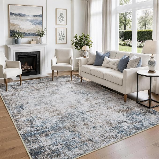 5x7 Area Rugs for Living Room Rug Washable: Abstract Rug for Dining Room Bedroom Carpet Non Slip 5 by 7 Indoor Modern Nursery Home Office White Brown Blue