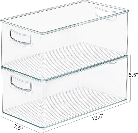 Heyuzb 2 Pack Clear Freezer Organizer Bins Stackable Storage Bins with Side Handles for Kitchen Pantry Cabinet Organzation and Storage