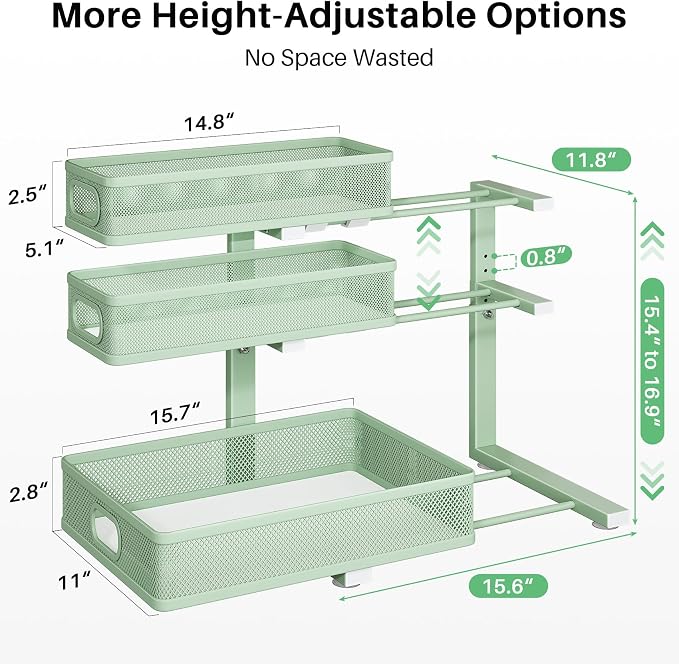 Kitstorack Under Sink Organizer, 1-Pack 3-Tier Height Adjustable Thickened Metal Pull out Cabinet Organizer Shelf, Slide out Storage Drawer Rack for Bathroom Kitchen Pantry Home Organization, Green