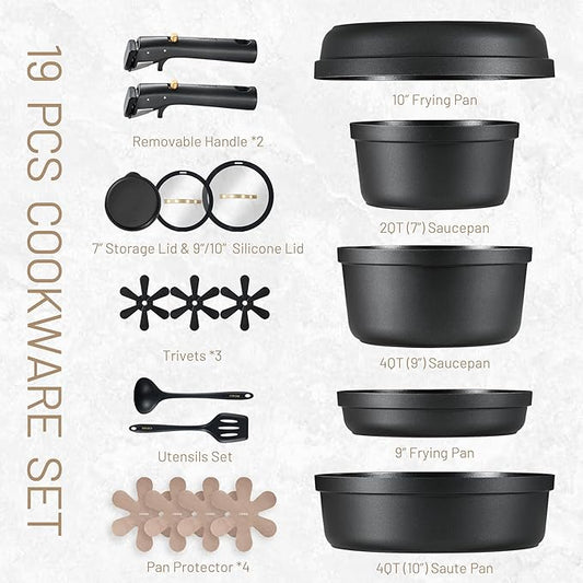 CAROTE 19pcs Pots and Pans Set Non Stick, Nonstick Cookware Set, Dishwasher/Oven/Fridge Safe Pots and Pans, Removable Handle RV Oven Safe Cookware, Induction Kitchen Set, Black