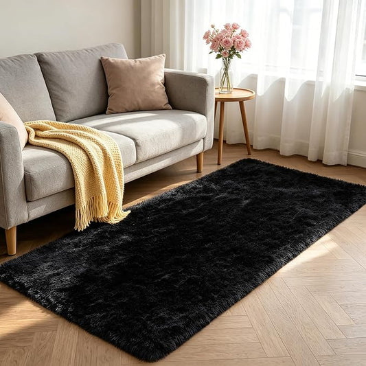 Shag Area Rugs for Bedroom Living Room,2x6 Ultra Soft Fluffy Runner Area Rugs for Dorm,Indoor Carpet Plush Rugs for Living Room Home Decor, Black