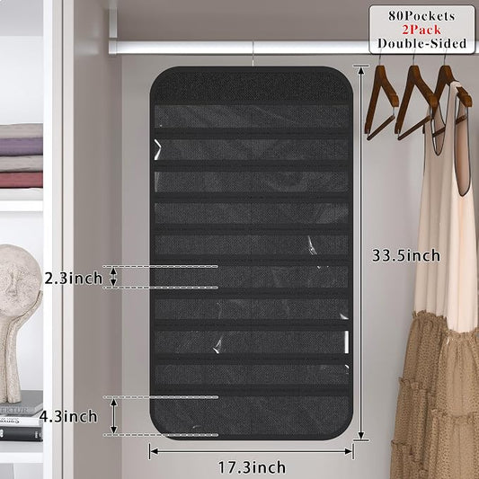 2 Pack Hanging Jewelry Organizer 80-Pocket Dual-sided Jewelry Storage for Earring Necklace Bracelet Ring Travel Holder, Black