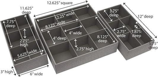 Household Essentials 3 Piece Drawer Organizers Starter Set, Customizable Inserts, Large Tray and 2 Small Trays, Silver