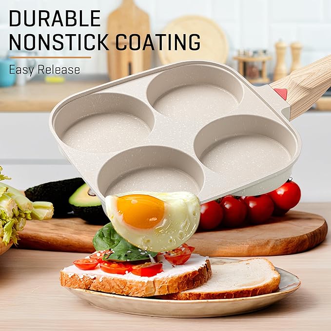 MyLifeUNIT Egg Frying Pan, 4-Cup Egg Pan Nonstick, Fried Egg Pan Skillet for Breakfast, Pancake, Hamburger, Sandwiches, Suitable for Gas Stove & Induction Cookware(White)