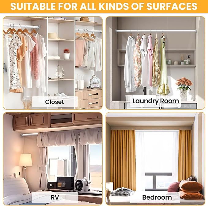 Closet Rods for Hanging Clothes, 17-84 Inch No-Cut Stepless Adjustable Closet Rod, 1.3 Inch Heavy Duty Metal Closet Hanging Rod with Brackets, White Closet Bar for Closet, Laundry Room, RV, Wardrobes