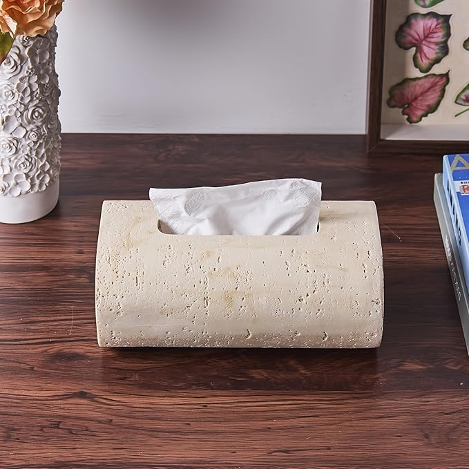 Natural Travertine Textures Tissue Box Holder Rectangle, Resin Facial Tissue Holder Cover, Decorative Bulk Tissue Paper Dispenser for Bathroom Kitchen Bedroom Living Room Office (Beige)
