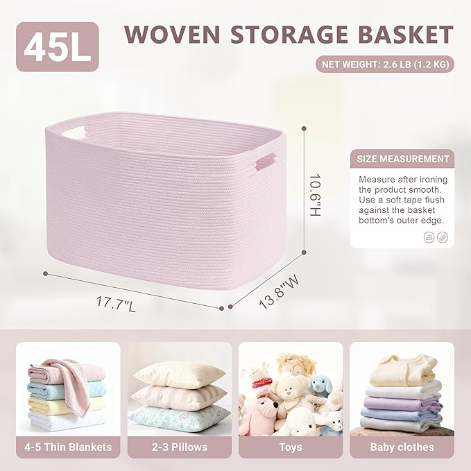 SunNewt 45L Small Baby Girls Laundry Basket for Nursery Storage,Cute Woven cotton Rope Baskets for Kids Toy,Gifts, Boho Square Wicker Blanket hamper for Living Room,Bedroom Dirty Clothes,Pink
