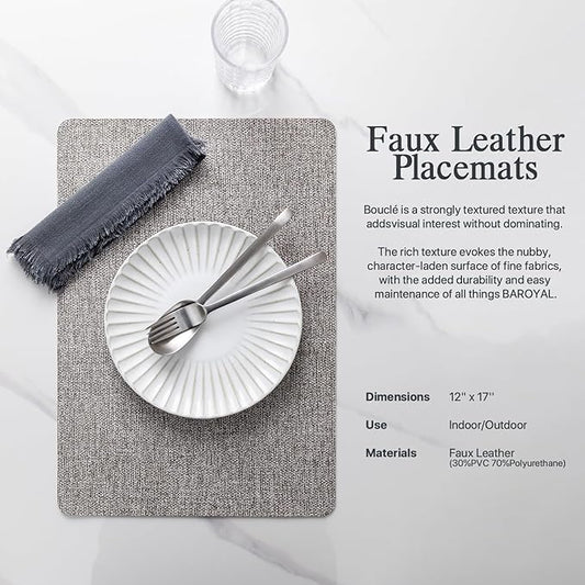 Faux Leather Placemats Set of 6 Vinyl Washable Wipeable Table Mats for Kitchen Dining Table Heat Resistant Waterproof Modern Indoor/Outdoor Placemats Non-Slip Easy Clean Place Mats (Mid Gray)
