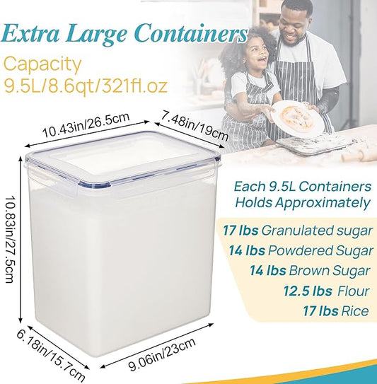 Vtopmart 9.5L 2 Pack Extra Large Flour Sugar Storage Containers for 25lbs flour, Airtight Kitchen Pantry Organization Canisters with Lids for Bulk food, Rice, Baking Supplies, BPA Free, Black