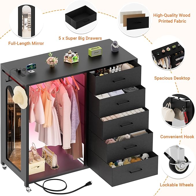 Cyclysio Dresser for Bedroom with Clothes Rack & Mirror, 5 Fabric Drawers Dresser with Charging Station & LED Lights, Rolling Chest of Drawers with Wheels, Full Length Mirror, Wooden Top, Closet