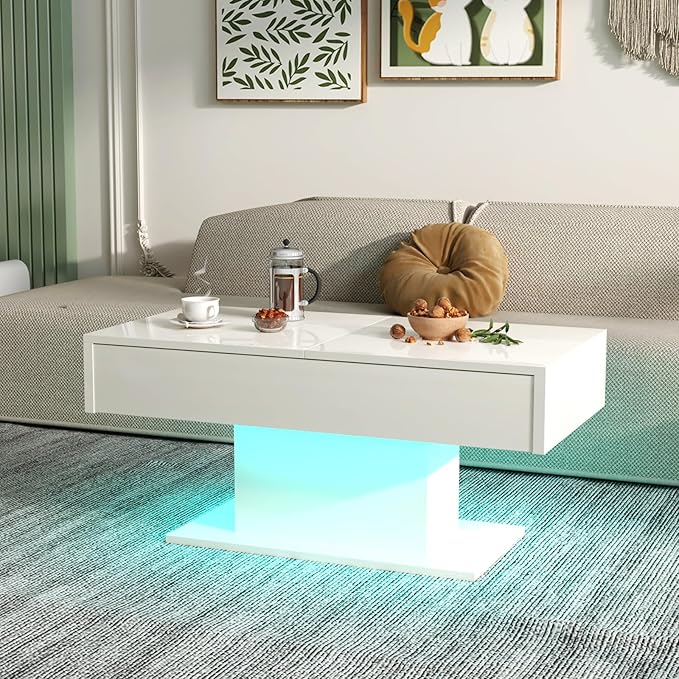 White LED Coffee Table with Storage for Living Room, Living Room Table Rectangular Center Table, Modern High Glossy Wooden Coffee Tables with 16 Colors LED Lights for Dining Reception Room