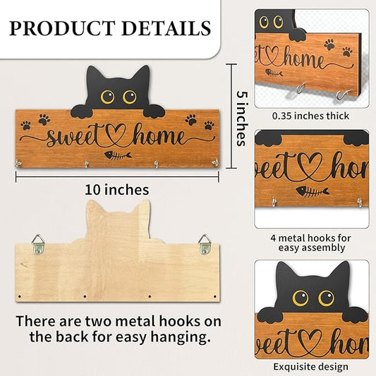 Cat Sweet Home Wooden Key Holder for Wall - 5"x10" Key Organizer Hanger with 4 Hooks for Front Door Hallway Entryway Kitchen - Home Office Decor & Housewarming Gifts Supplies - A07