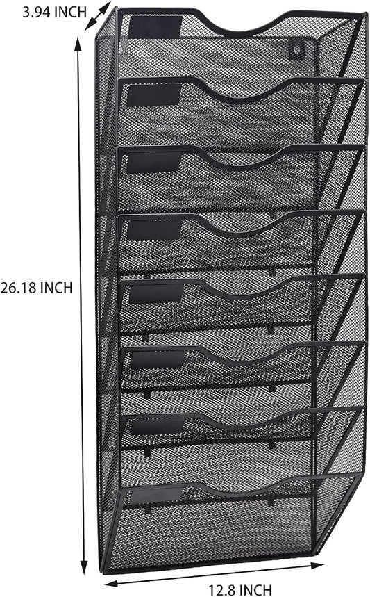 EASEPRES 8 Pocket Mesh Hanging Wall File Organizer, Wall Mounted Mail Paper Document Folder Holder, Clipboard Storage Organization Magazine Rack with Nametag Label for Office Home School, Black