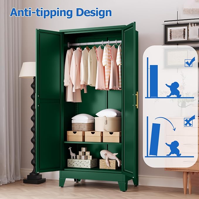 GAIOUS Metal Wardrobe Cabinet with Mirror and Hanging Rod, 71" Green | Clothing Storage Cabinets with 2 Doors and Adjustable Shelves, Armoire Wardrobe Closet for Bedroom, Laundry Room, Cloak Room