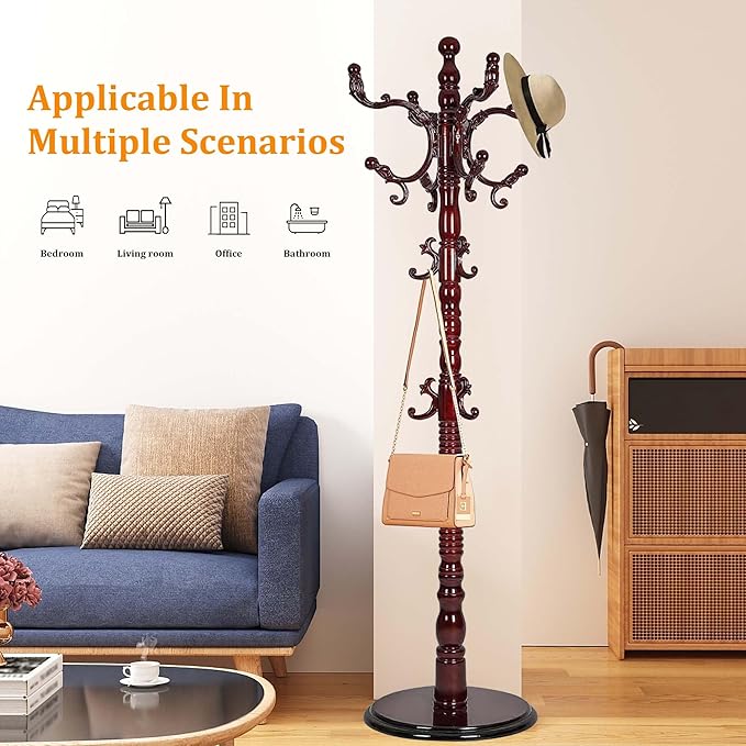 Solid Birch Wood Cloth Tree with Hooks, Coat Rack Freestanding with Adjustable Height 37.4’’-72.83’’, Wooden Freestanding Coat Rack for Entrance, Office, Living Room, Bedroom, Corridor