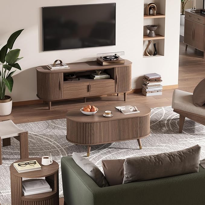 SULIVES Oval Coffee Table with Storage, Multifunctional Coffee Table with Lifting Top, Small Fluted Center Table for Living Room, Walnut