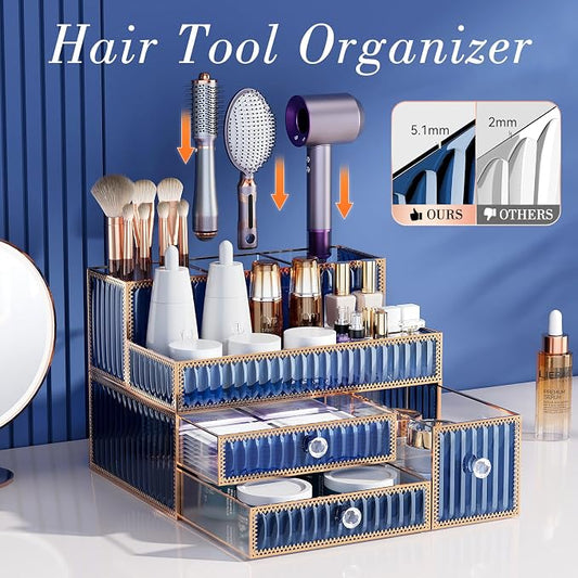 Youdepot Makeup Organizer Blue - Tempered Glass Vanity Organizer for Cosmetics, Skincare, Hair Tools, Brushes, Perfume - Multipurpose Bathroom Counter Skincare Organizer