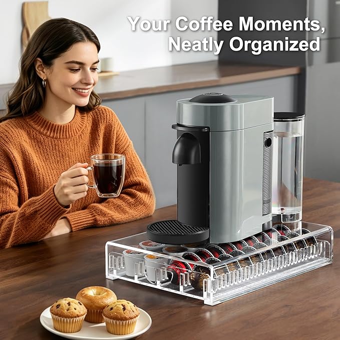Coffee Pod Drawer Organizer for Nespresso Vertuo Pods,Acrylic Coffee Pod Holder Holds 40 Large or 60 Small Capsules or 28 K-Cups,Pull-Out Drawer with Anti-Slip Base for Home & Coffee Station,Crystal