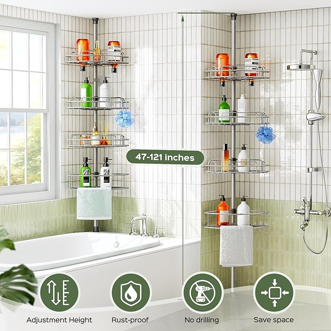 HAMITOR Corner Shower Caddy Tension Pole: 4-Tier Rust-Resistant Adjustable Bathroom Organizer Shelves - 47-121 Inch No-Drill Quick Installation - Space-Saving Storage for Renters Family - Silver Gray