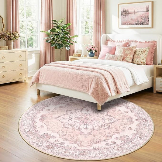 RELEANY Area Rugs Round 7ft Washable Non-Slip, Floral Vintage Distress Medallion Carpet for Living Room Bedroom Dining Room, Pink Greypink Cute
