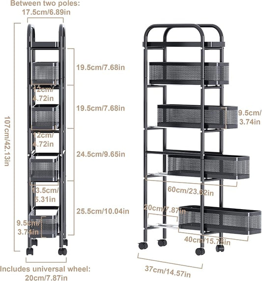 UMDONX Slim Storage Cart 5 Tier with Pull Out Basket Bathroom Organizer Rolling cart, Rolling Utility Cart Slide Out Organizer for Kitchen, Bathroom, Laundry Black