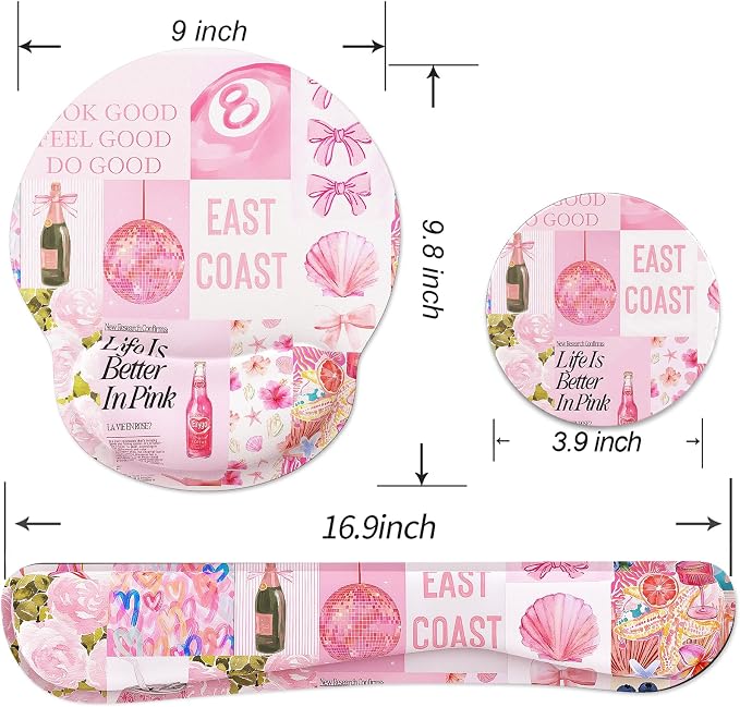 Ergonomic Mouse Pad with Wrist Rest and Keyboard Wrist Rest, Mousepad and Wrist Rest for Computer Keyboard, Pain Relief, Non-Slip Rubber Base, Mouse Pad with Wrist Support for Gaming, Pink Collage