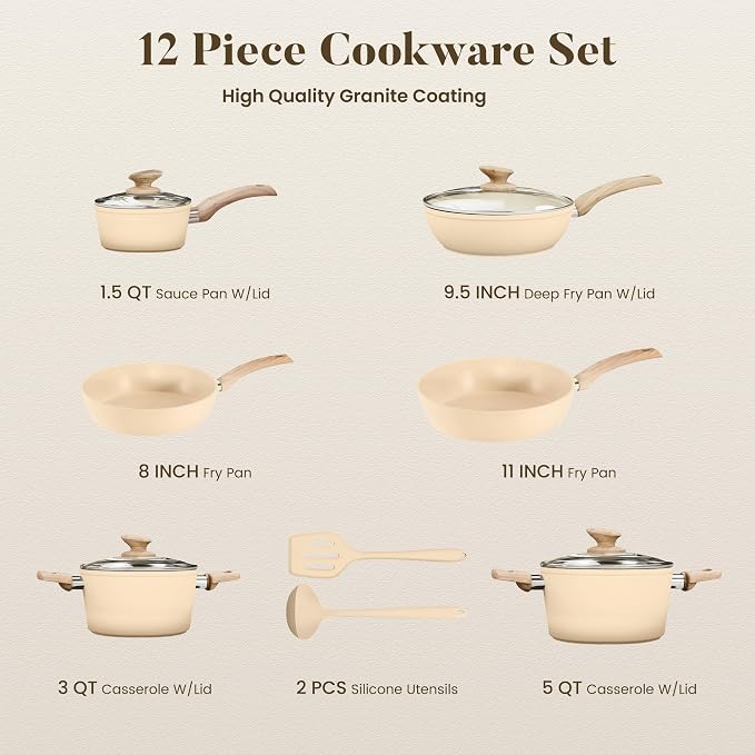 Kitchen Academy Beige Pots and Pans Set Non Stick, 12Pcs Induction Cookware | Even heating, easy to clean granite. Healthy kitchen cooking experience. 100% PFOA & PFAS free.