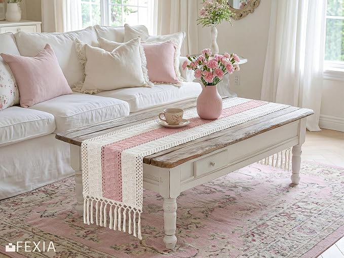 FEXIA Boho Table Runner Summer Home Decor with Tassels 72 Inches Long Pink Farmhouse Rustic Table Runner Burlap Centerpieces for Tables Decoration for Living Room (12x72 Inches)
