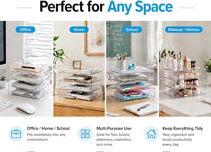 DCA 4 Tier Clear Desk Organizer with 3 Multi-Use Panels, Stackable Paper Letter Tray, Modular File Organizer for Office Home School, Transparent Desktop Storage System