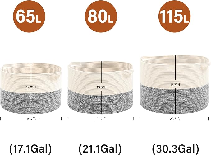 Foldable Laundry Hamper Basket with Collapsible Handle Cotton Rope Soft Woven Fabric Storage Organizer Clothes Toys Nursery Bedroom Dorm Space Saving Bin (White & Light Grey, 65L(19.7"D x 12.6"H))