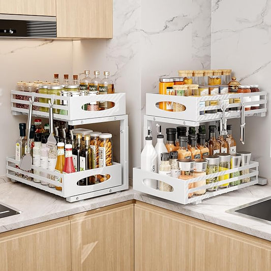 Under Sink Organizer, 2 Tier Under Sink Organizers and Storage, Adjustable Height, Slide out Metal Cabinet Organizers, Pull out Cabinet Storage Drawer Shelf for Kitchen Bathroom (White, 2 Pack)