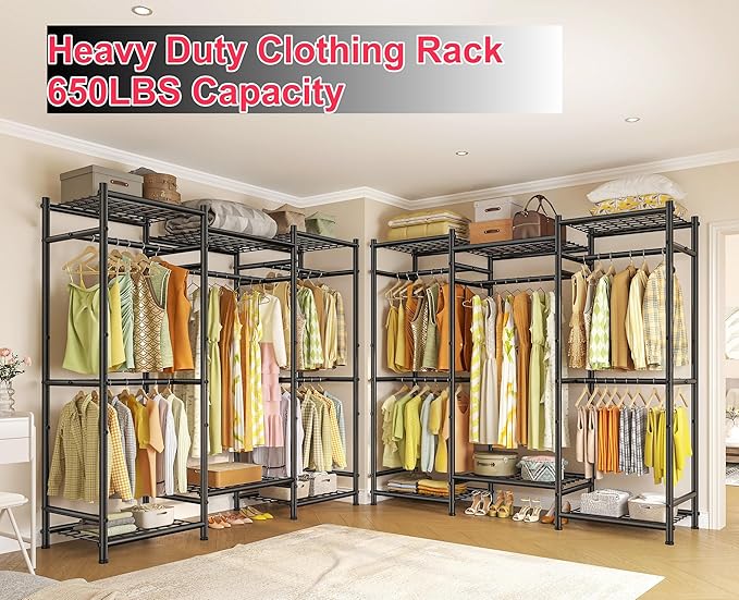Raybee Portable Closet,Clothes Rack with 5 Hang Rods & 6 Shelves,Clothing Racks for Hanging Clothes,Metal Garment Rack for Bedroom,Large Capacity,Adjustable,Stury 66.5" Wx15.75 Dx74.8 H Black