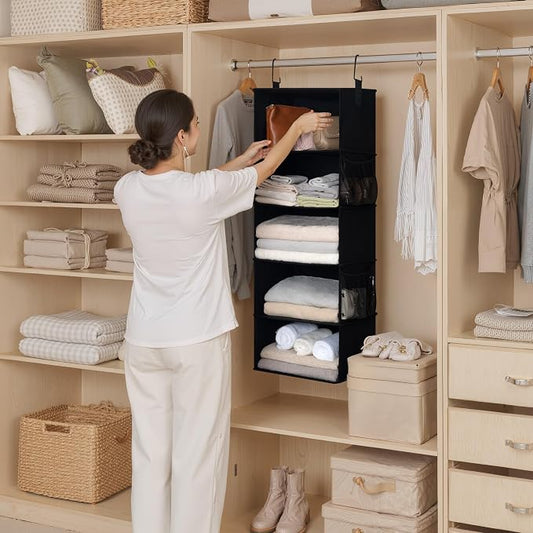 StorageWorks Hanging Closet Organizer, 5-Shelf Hanging Shelves with 2 Hooks, Foldable Space-Saving Design, Closet Organizers and Storage for Bedroom, Dorm, Locker, Black