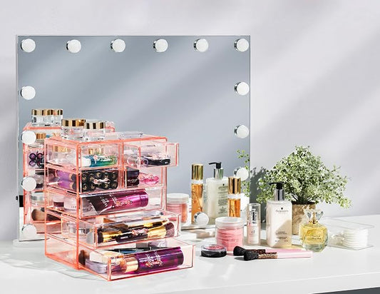 Sorbus Acrylic Makeup Organizer Set, 7-Drawer Vanity & Countertop Cosmetic Storage with Small & Wide Drawers, Pink Makeup Storage for Brushes, Lipsticks, Jewelry – Holiday Gift for Women & Teens