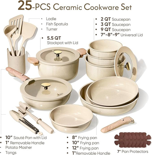 CAROTE 25PCS Ceramic Cookware Set, Pots and Pans set Non Stick, RV Kitchen Cooking Set Removable Handles, Oven Safe, Induction Cookware, Non-toxic Kitchen Cooking Set, PFAS and PFOA Free