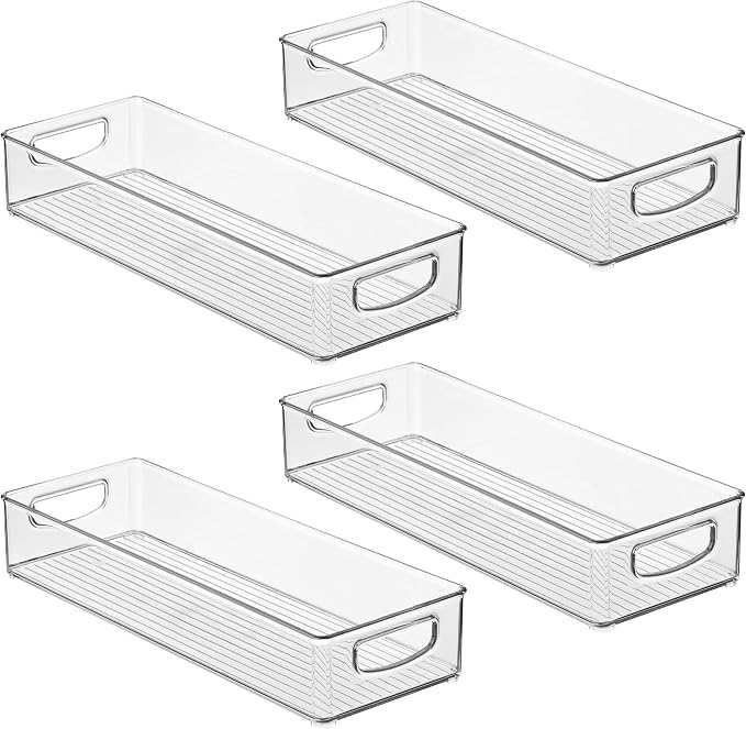 iDesign Slim Extra Long Clear Storage Bin, Narrow Stackable Organizer for Kitchen or Pantry, 4-Pack