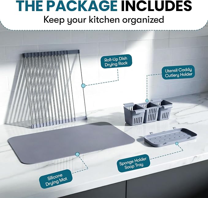 Havenityโข Expandable Roll Up Dish Drying Rack with Drying Mat - Adjustable Up to 22.75" with 2 Free Attachments & 2 Removable Baskets, 304 Stainless Steel Over The Sink Dish Drying Rack Cover Kitchen