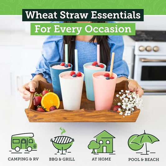 Grow Forward Premium Wheat Straw Cups - 20 oz Unbreakable BPA Free Hard Plastic Cups - Reusable Lightweight Plastic Drinking Glasses for Kitchen, Outdoor, Water, Camping, RV - Tropical