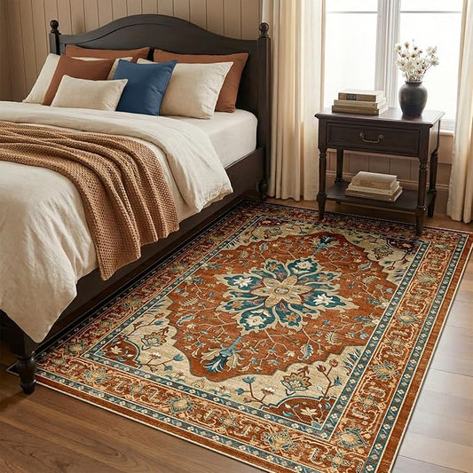 RELEANY Area Rugs 4'x6' Washable Non-Slip, Floral Vintage Distress Medallion Carpet for Living Room Bedroom Dining Room, Red Orange Blue Brown