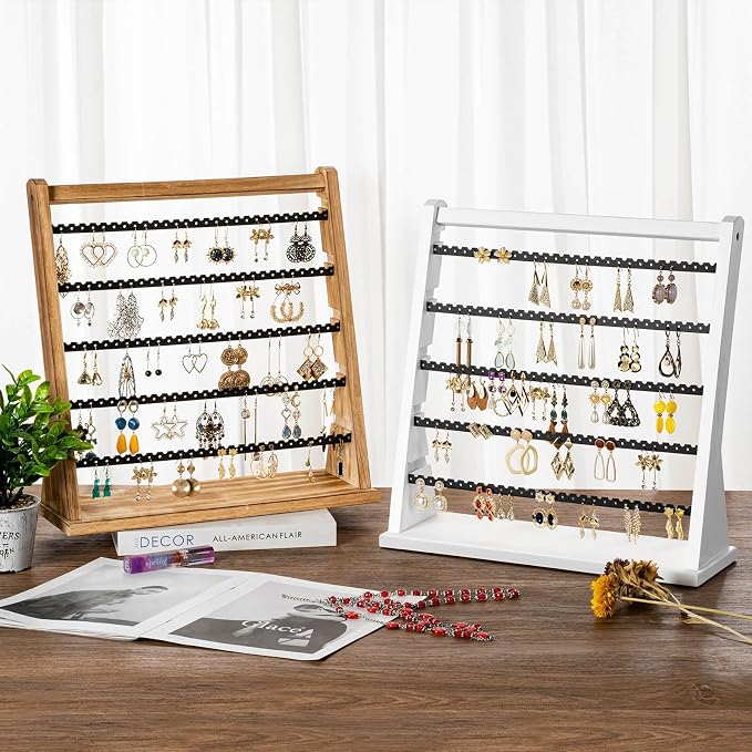 Poyilooo Earring Holder Organizer, Rustic Wood Earring Holder Stand, 5 Layer Jewelry Holder Organizer with 270 Earring Tree Holes Display Rack for Stud Earings & Hoop Earrings, Gifts for Women