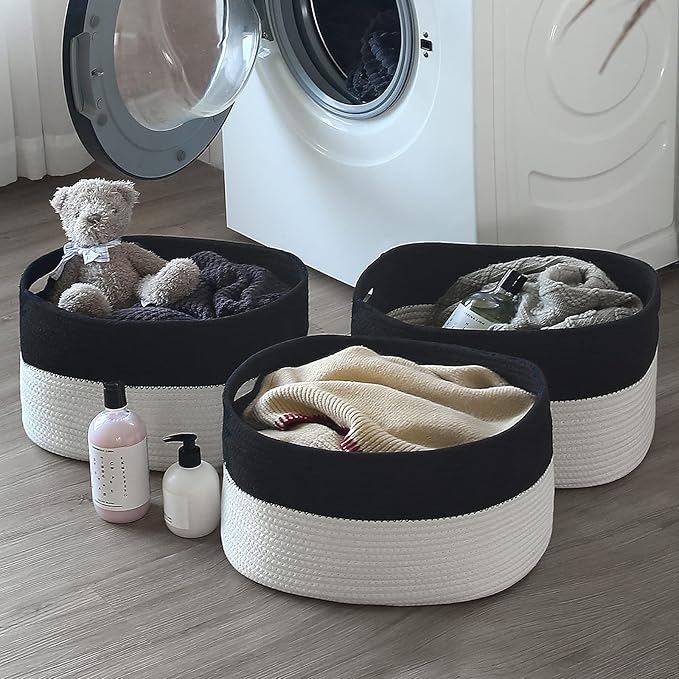 Cotton Rope Storage Basket, 15x10x9 Inches, Woven Basket for Shelves, Clothes, Towels, Books, and Laundry, Black/White (3 Pack)