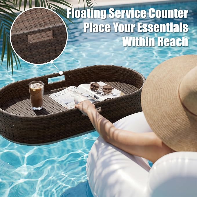 Greesum Wicker Pool Floating Tray, 38”x20” Oval Portable Serving Tray for Holding Fruits, Drinks & Essentials, Suitable for Pool Activities, Bathtub, Hot Tub, Beach Parties, Brown