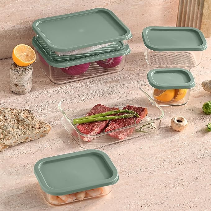 EATEX 14 Pack Glass Meal Prep Containers with Grooved Base, 14 Stackable BPA Free Glass Storage Containers with Lids for Lunch, Pantry, and Kitchen - Microwave, Dishwasher Freezer & Oven Safe - Sage