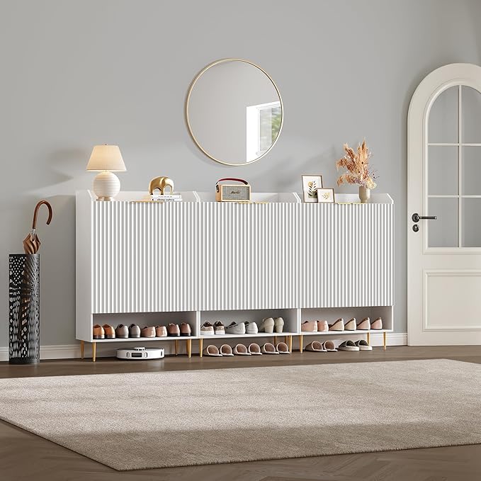 SICOTAS Shoe Cabinet Storage Set of 2, 56 Pairs Large Capacity, 7-Tier Shoe Organizer with Adjustable Shelves, 50.7″ Tall Fluted Entryway Shoe Cabinet for Hallway, Living Room, White