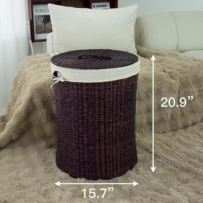 Hand Woven Laundry Basket with Lid,21-Inch Laundry Hamper with Removable Liner for Laundry and Elegant Storage,Dark Coffee