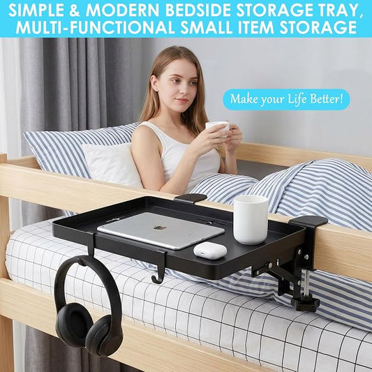 Bedside Shelf Foldable, Heavy Duty Bed Shelf for Dorm Room Bunk Bed & Top Bunk, Metal Clip-On Bedside Table Tray for College Dorm Room Essentials Loft Nightstand Organizer Tray with 3 Cord Hole