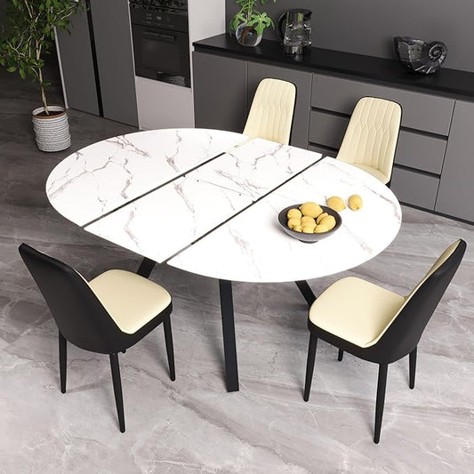 Extendable Round Dining Table Set for 4, 5 piece Dining Table Set with 47-63" Extendable Table and 4 Upholstered Chairs, Modern Sturdy MDF Kitchen Table Set for Small Spaces, Dining Room and Office