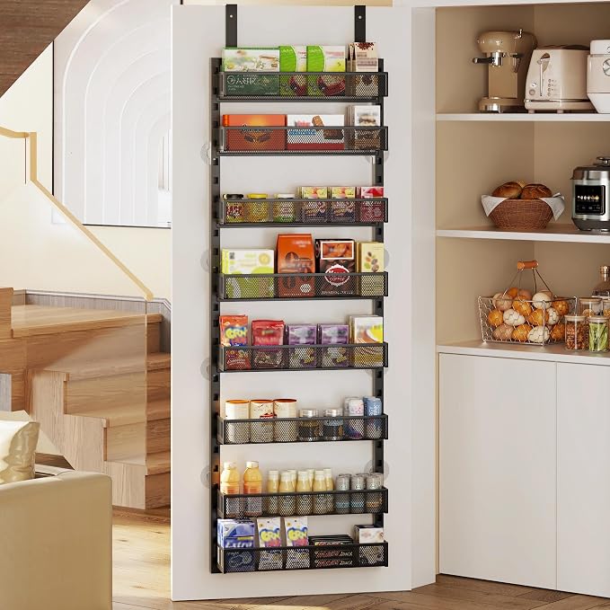 Over the Door Pantry Organizer, 8-Tier Over the Door Spice Rack with Adjustable Baskets, Wall-Mounted or Hanging Shelves for Kitchen, Laundry Room, Bathroom(Black, 15.35"W x 5.2"D x 72.6"H)