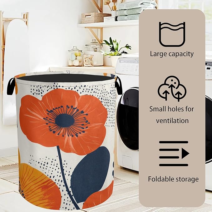 Modern Minimalist Red Flowers Foldable Canvas Laundry Basket with Handles - Storage Organizer, Heavy Duty for Home,Bedroom, Dorm, Bathroom