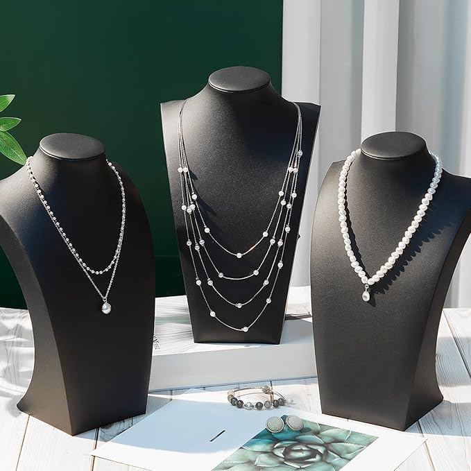 Kigley 6 Pcs Black PU Leather Jewelry Bust Display Necklace Holder Stand Necklace Mannequin Holder for Jewelry Display Trade Show(11.42 x 3.94 x 6.89 Inches)